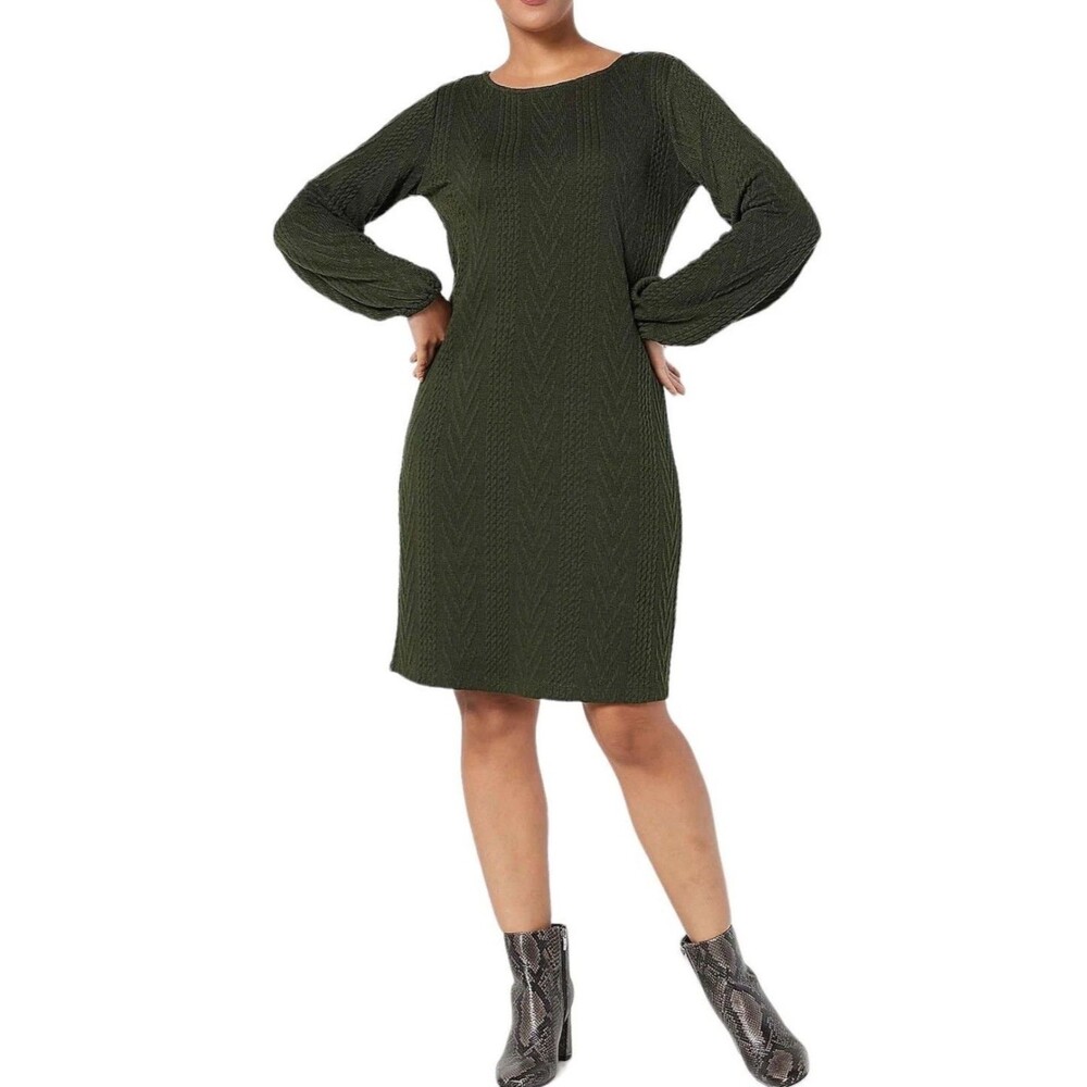 Susan Graver Dark Olive Green Cable Knit Dress Sz MP Knee Length